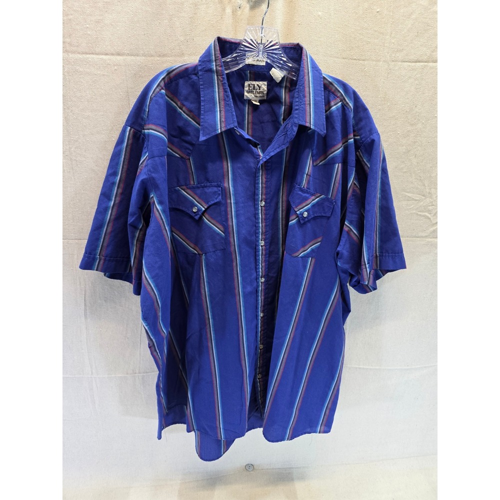 Ely Cattleman Mens 3X Big Blue Striped Western Pearl Snap Short Sleeve Shirt